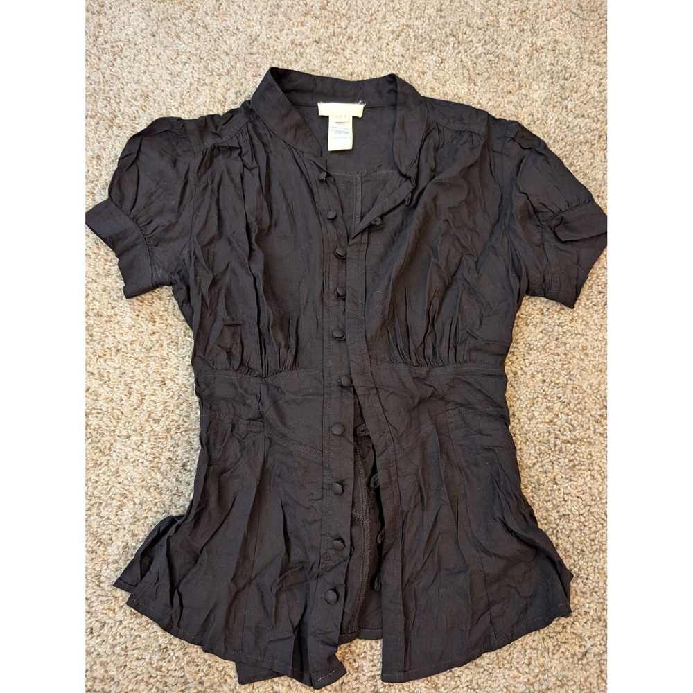 Diesel Womens Black Button Down Short Sleeve Blouse Cinched Back Tie Top Size S